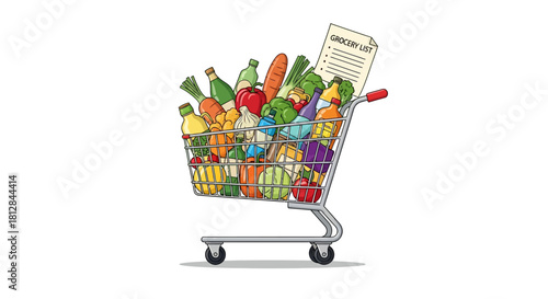 Colorful shopping cart filled with groceries and grocery list on white