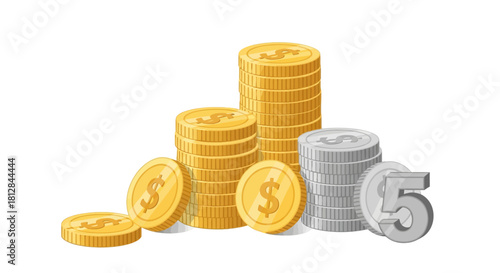 Stacks of gold and silver coins in 3d design with dollar and number sy