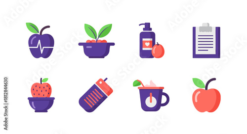 Colorful icons of healthy foods and health products in flat style