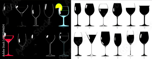Colorful cocktail beverages wine glass vector set glassware collection sophisticated design wine and party celebration