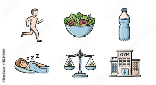 Healthy lifestyle icon set: fitness nutrition sleep wellness balanc