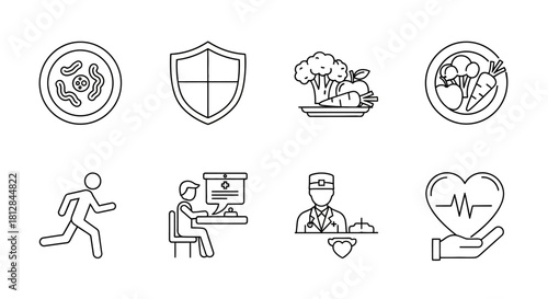 Health and wellness icons: simple line designs for nutrition fitness
