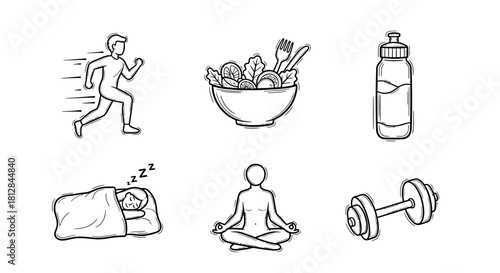Healthy living icons: fitness nutrition and wellness elements in ske