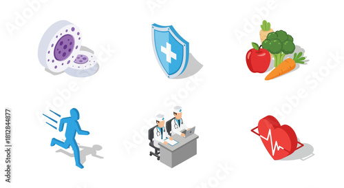 Healthy living concept: nutrition fitness healthcare icons in isomet