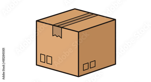 Simple isometric cardboard box with tape and shipping icons on white b