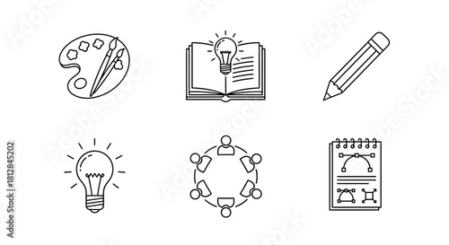 Creative tools and ideas: linear icons of art inspiration and collab