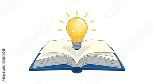 Open book with glowing light bulb symbolizing knowledge and ideas