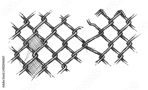Sketch Style Detailed Chain link Fence with Hole Security Illustration