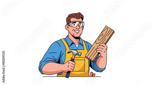 A male carpenter with safety glasses holds a hammer and wood