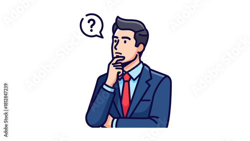 A man in a suit and tie with a question mark above his head