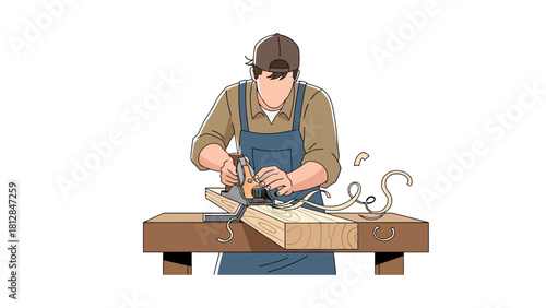 A man is planing wood on a workbench