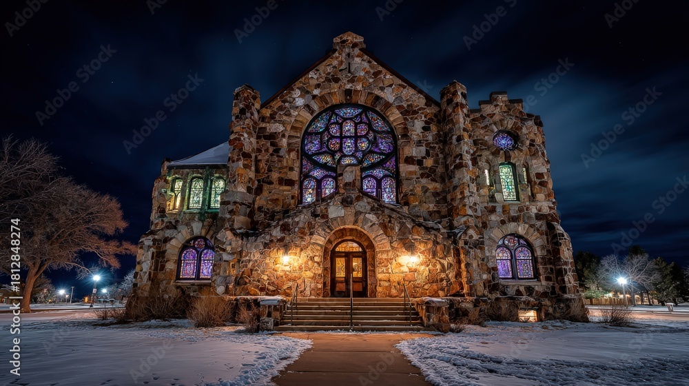 Fototapeta premium Stone religious edifice illuminated at night with colorful stained glass windows above snowy ground