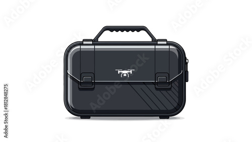 A pixelated black drone case with a white drone logo