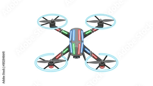 A quadcopter drone with colorful LED lights and blue propeller rings