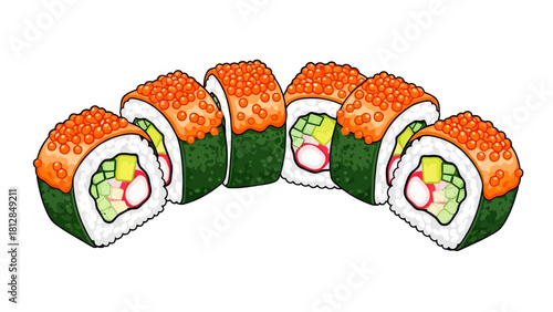A row of six sushi rolls with orange roe topping