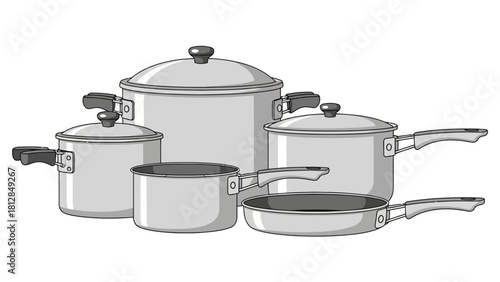 A set of five differentsized stainless steel pots and pans with lids