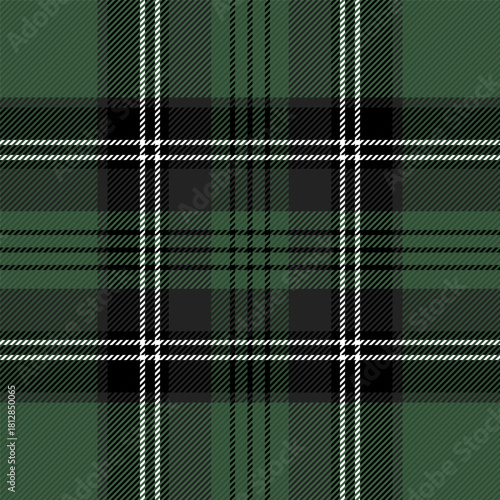 Christmas and new year tartan plaid. Scottish pattern in black, green and white cage. Scottish cage. Traditional Scottish checkered background. Seamless fabric texture. Vector illustration