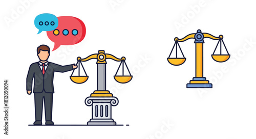 Businessman discussing legal matters with scales of justice in flat style