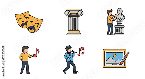 Creative arts icons: theater, music and sculpture in colorful cartoons