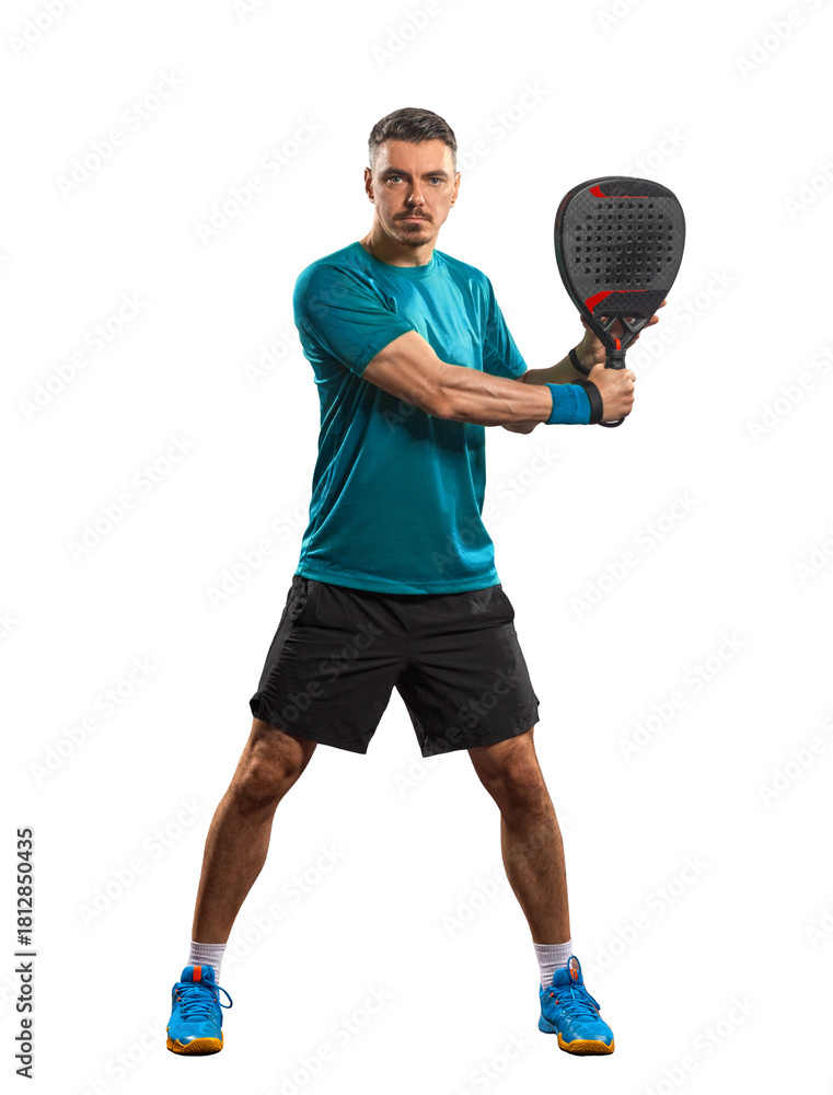 Fototapeta premium Padel player isolated on white background. Full body view. Open social tour template. Paddle tennis template for social media design with copy space.