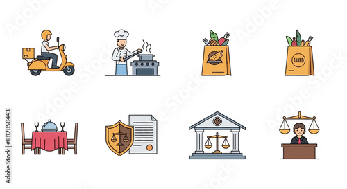 Colorful icons depicting delivery, cooking, and legal services in flat style