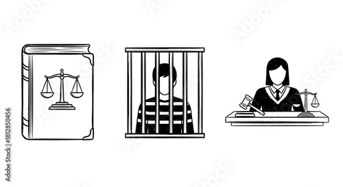 Legal symbols: justice book, prisoner, and judge in black and white