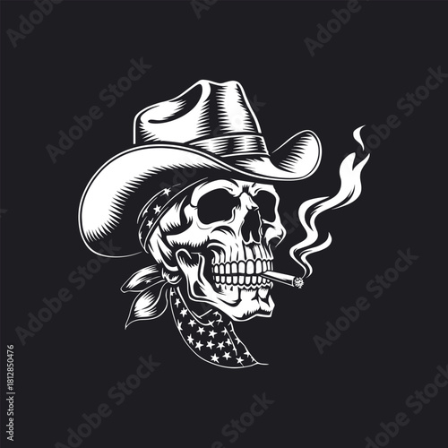 Skull with cowboy hat smoking.