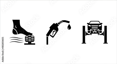 Automotive icons set featuring car, gas pump, maintenance in minimalist style
