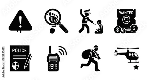 Crime and law enforcement symbols collection: police, investigation, and crime prevention icons