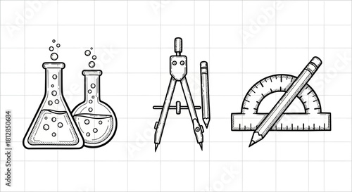 Hand drawn science and math tools with beaker, compass, and protractor on grid background