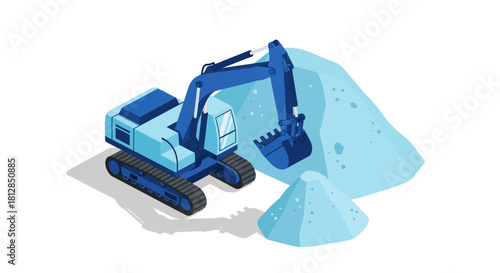 Construction excavator digging rocks in isometric style for industrial projects