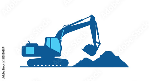 Blue silhouette excavator in action: construction equipment in minimalist style