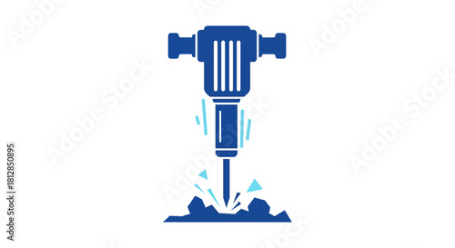 Blue minimalist jackhammer breaking ground with geometric shapes