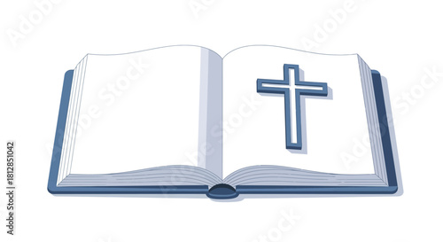 Open bible with cross symbol on white background in isometric style