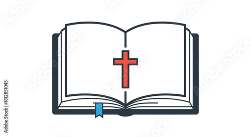 Open bible with cross symbol and bookmark in minimalist line art style