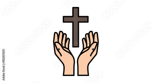 Hands raised in prayer with cross symbol in minimalist design