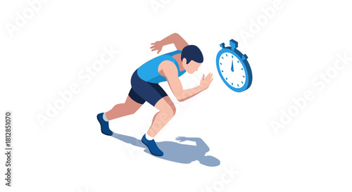 Isometric athlete sprinting toward stopwatch for time management and fitness goals