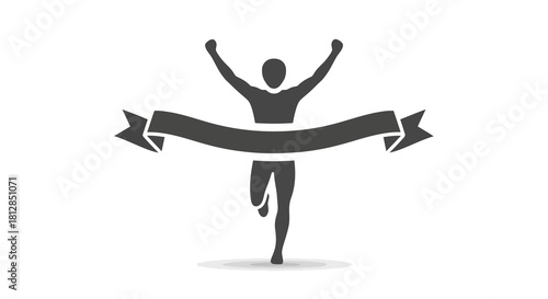 Silhouette of runner crossing finish line with ribbon in victory pose
