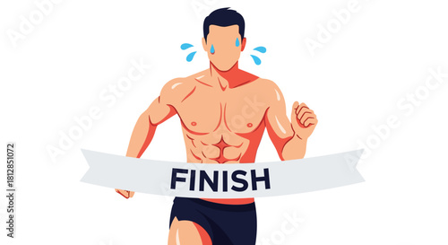 Athletic male runner crossing finish line with determination and sweat in modern flat style