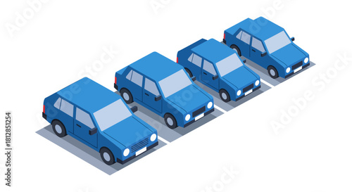 Blue isometric cars in parking lot row with shadows on white background