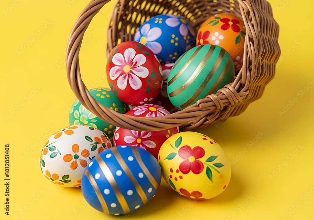 Fototapeta premium Colorful Easter Eggs Spilling From Basket on Yellow. Generative Ai