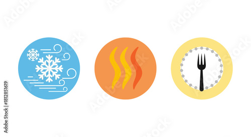 Simple seasonal icons: snowflake, steaming heat, and fork in circle design