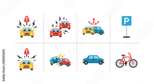 Vehicle collision and parking icons set with warning symbols