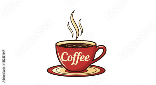 Steaming coffee cup on saucer with text design in retro style