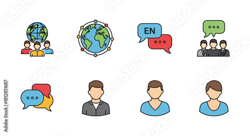 Diverse communication icons: global, speech bubbles, multilingual, avatars, diverse representation