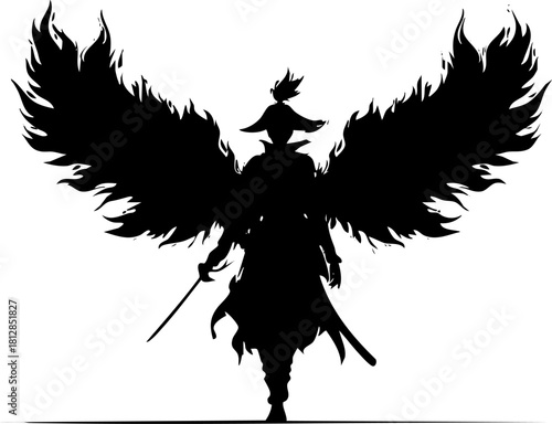 Warrior Silhouette with Flaming Wings