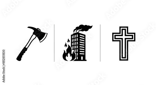 Emergency tools and symbols: firefighter axe, burning building, cross silhouette