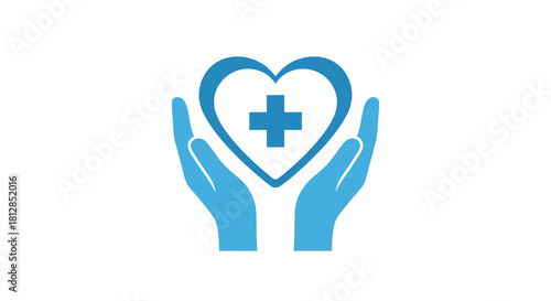 Blue hands holding heart with medical cross symbol in minimalist design