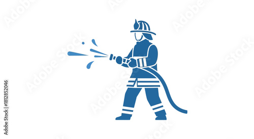 Simple blue silhouette of firefighter using hose