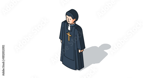 Isometric priest character in black robe with cross on white background